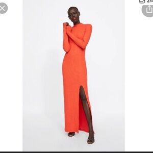 ZARA Orange Long-Sleeve Maxi Dress with Side Slit